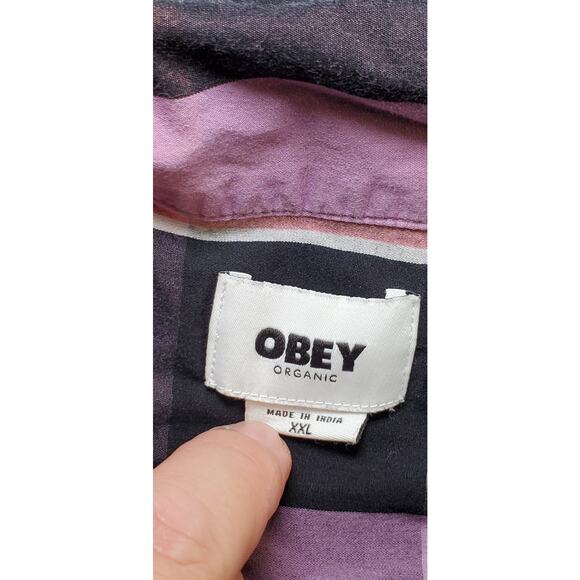 Obey Men's Size XXL Organic Cotton Button Down Shirt Purple Black Casual C12-3 - Picture 5 of 8